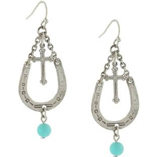 Silver-Tone with Imitation Turquoise Accent Horseshoe and Cross Drop Earrings - Natural (One Size)