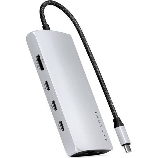 Satechi USB-C V3 multiportadapter, 8-i-1 USB-C dongel med 8K HDMI, 85 W USB-C PD-laddning, 4 USB-C-dataportar, Ethernet, SD-kortläsare för Mac, Windows - silver