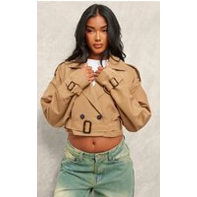 Taupe Belted Cropped Trench Coat, Brown - 10