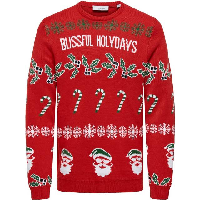 ONLY & SONS Xmas Reg 5 Allover Crew Strickpullover, pompeianrot, glückselig