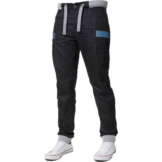 (Black, 30R) Enzo Designer Mens Cuffed Denim Jeans Regular Fit