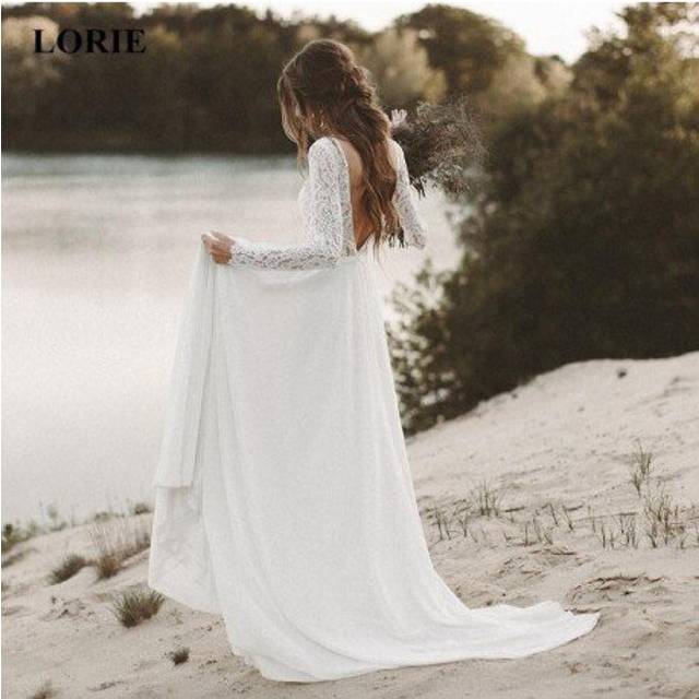 (White) LORIE Beach Wedding Dress Long Sleeve Boho V Neck Open Back bridal dresses 2019 Chiffon Princess Lace Chiffon Wedding Gown novia