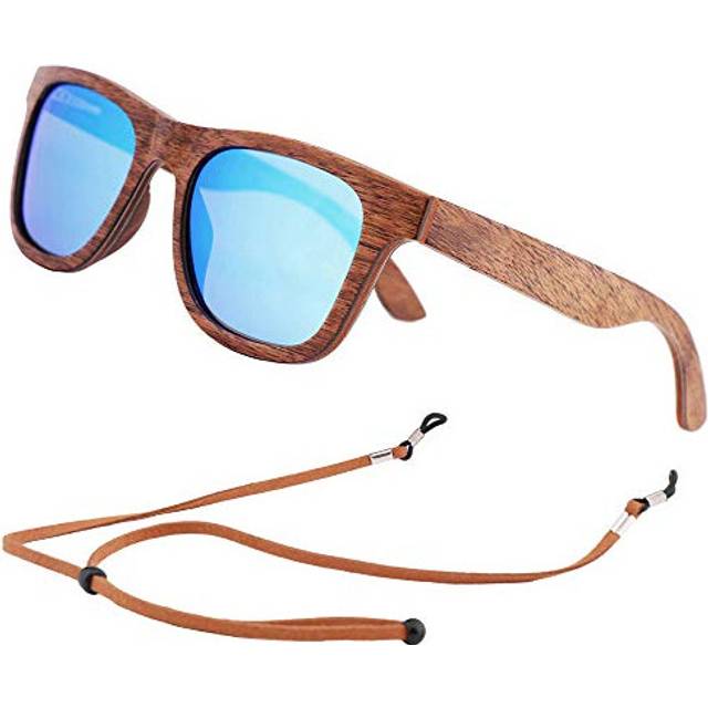 An Swallow Mens Wooden Sunglasses Polarised for Men Women, Womens Wood Sunglasses Bamboo Case with Strap (Walnut Wood, Blue Lens, Round Wood Case)