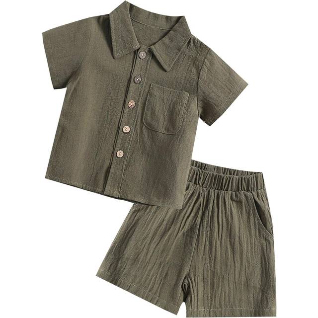 (110CM, Army Green) Baby Boys Summer Outfits 2Pcs Cotton Solid Color Short Sleeve Button Down T-Shirt with Elastic Waist Shorts Toddler Baby Clothes S