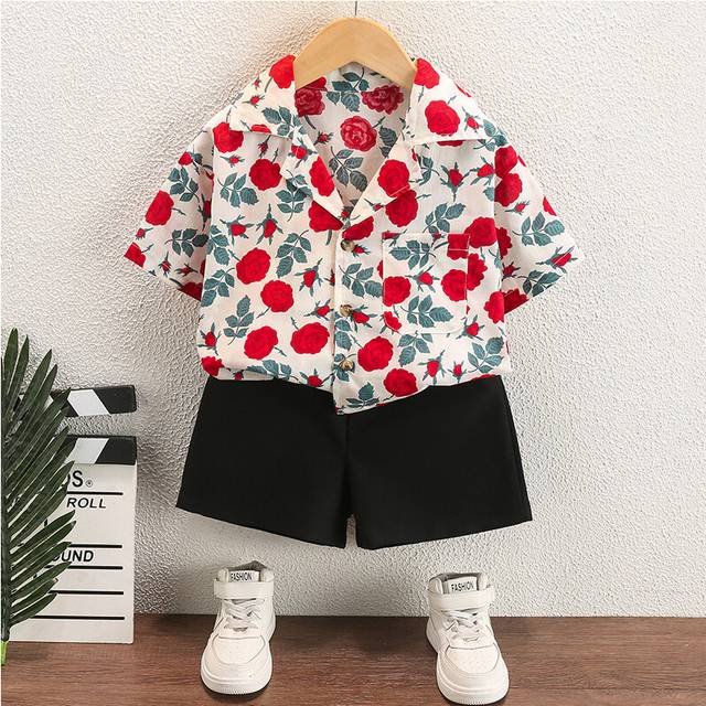 (StyleD) Adorable Floral Pattern Summer Boys Outfit Set With Short Sleeve Shirt And Shorts