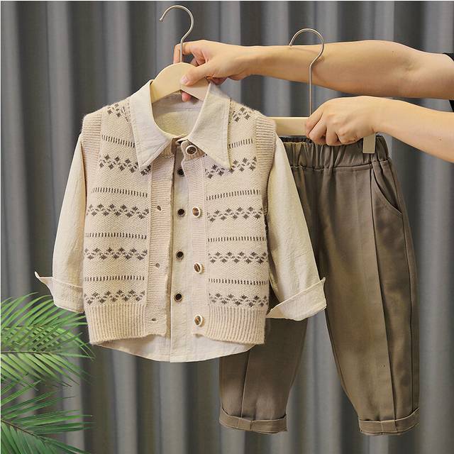 (StyleC, 150cm) Baby Boy Stylish Autumn Knitted Outfit Set Comfortable Vest Sweater Pants For Ages 3 To 8