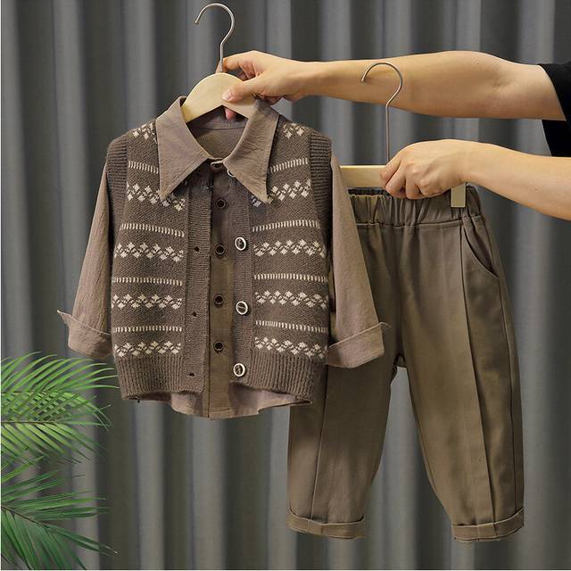 (StyleD, 120cm) Baby Boy Stylish Autumn Knitted Outfit Set Comfortable Vest Sweater Pants For Ages 3 To 8