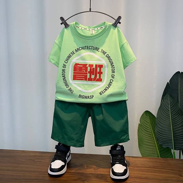 (Green, 150cm) Summer Playful Outfit For Boys Korean Style Two Piece Set Soft Cotton Tshirt And Shorts