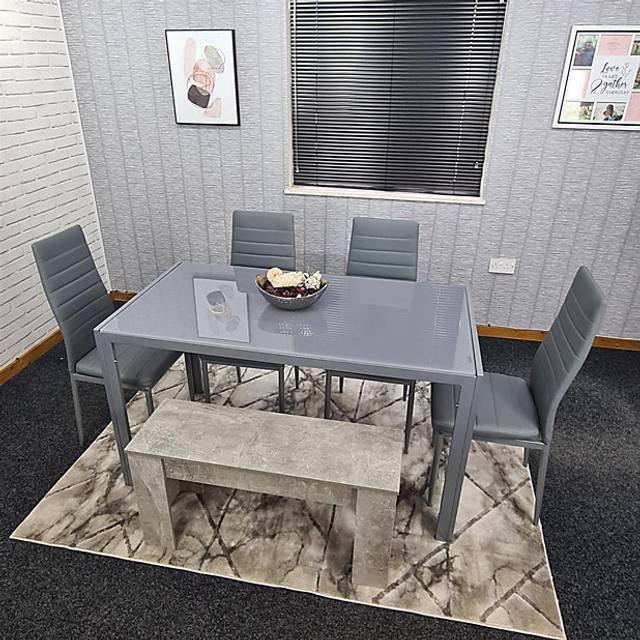 Portland Leather 6 Seater Dining Set with Bench Grey - 4 Seater
