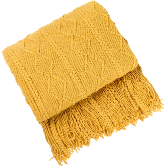 Yellow Throw Blanket Faux Cashmere Sofa Cover Diamond Knit Plaid Tassels 150X230cm Throws & Afghans