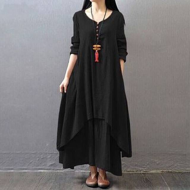 (Black, 4XL=UK SIZE 20) Women Solid Casual Kaftan Gypsy Maxi Dress Ladies Cotton Linen Long Sleeve Dress