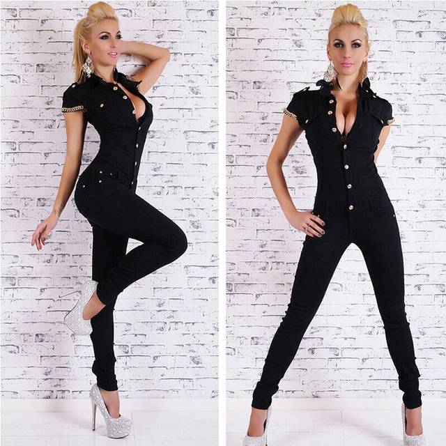 (S) Fashion Sexy Playsuit Overalls Denim Ladies Jumpsuit Slim Fit Deep A Neck Romper