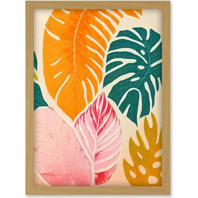 Boho Monstera Leaf Orange Pink And Green Artwork Framed Wall Art Print A4 - Light Oak - One Size