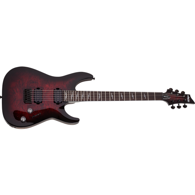 Schecter Omen 6-String Electric Guitar in See-Thru Blue Burst with Stand, and Accessories