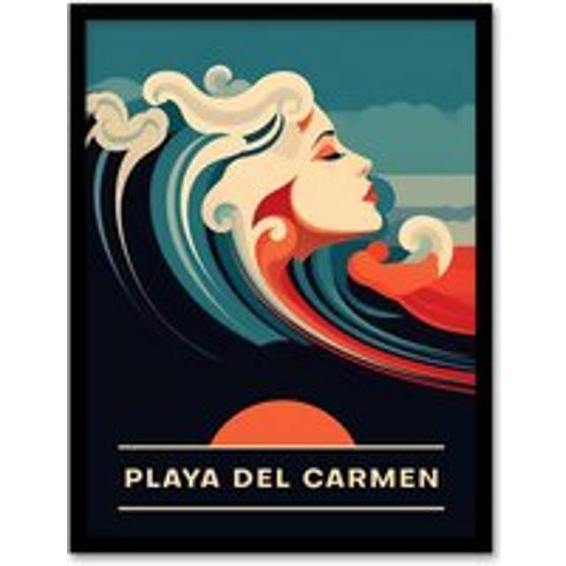 Wall Art Print The Seaside Calls Playa Del Carmen Beach Mexico Sunset Woman of the Waves Sea Siren Ocean Art Framed - Blue - W12 inch x H16 inch