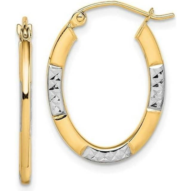 10K Yellow & Rhodium Diamond-Cut Oval Hoop Earrings