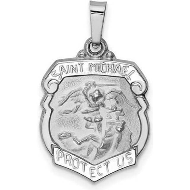 14K White Gold Polished & Satin St Michael Medal Hollow Pendant