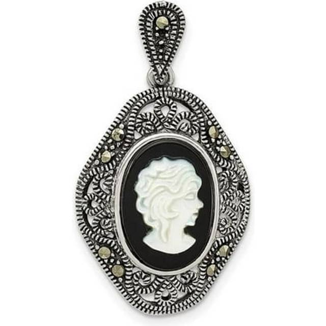 Finest Gold Sterling Silver Antiqued Marcasite Black Agate & MOP Cameo Pendant