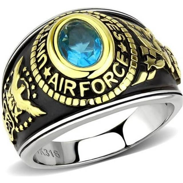 Alamode TK3725-5 Unisex Two-Tone IP Gold Stainless Steel Ring with Synthetic in Sea Blue - Size 5