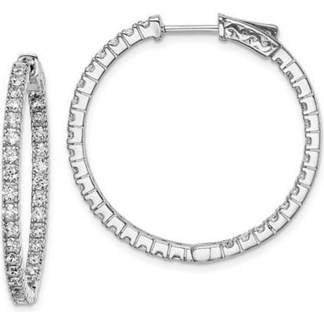 Sterling Silver Rhodium-Plated CZ 66 Stones In & Out Hinged Hoop Polished Earrings