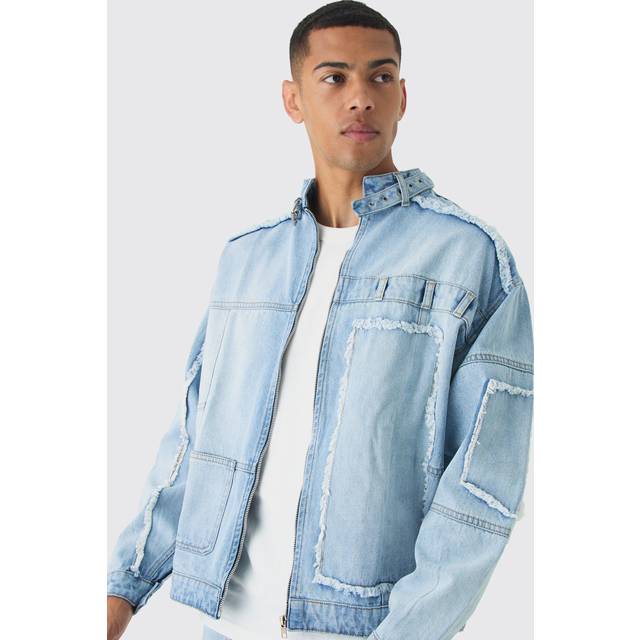 Oversized Dirty Wash Carpenter Denim Biker Jacket - Blue - XL