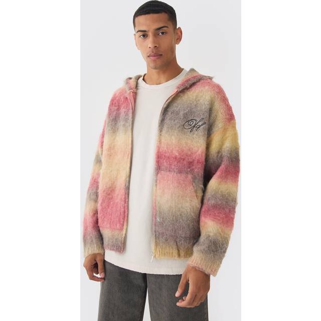 Oversized Boxy OFCL Brushed Ombre Stripe Knitted Zip Through Hoodie - Red - S