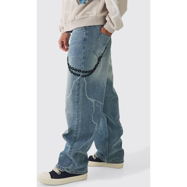 Mens Vintage Blue Baggy Rigid Laser Print Lightning Washed Jeans