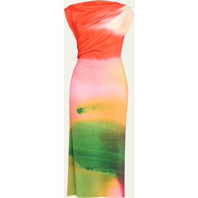Draped Abstract Watercolor Jersey Dress - VERMILION MULTI - 8