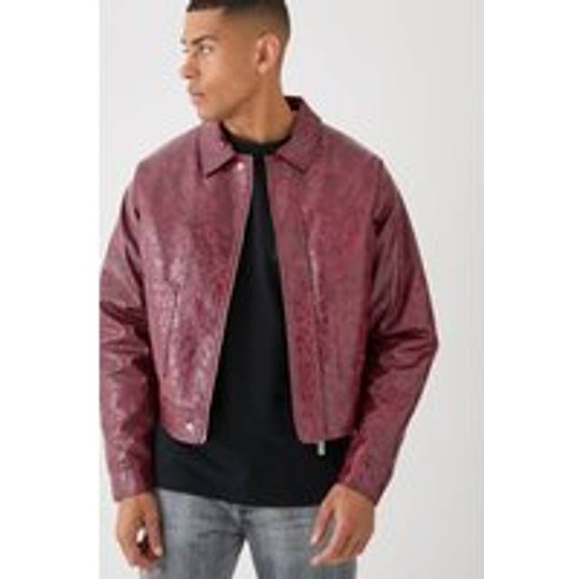 Mens Boxy Textured Pu Harrington Jacket In Red