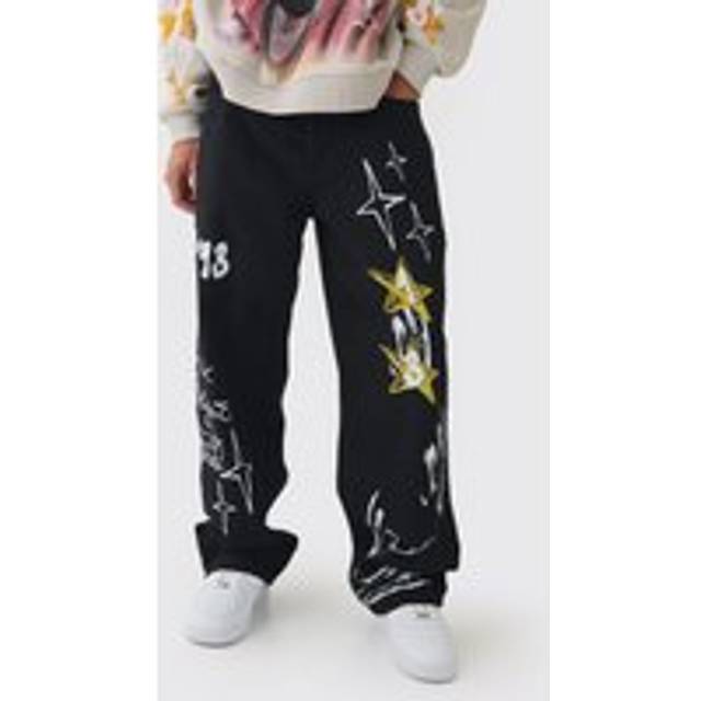 Baggy Rigid Graffiti Printed Jeans - Black - 30R