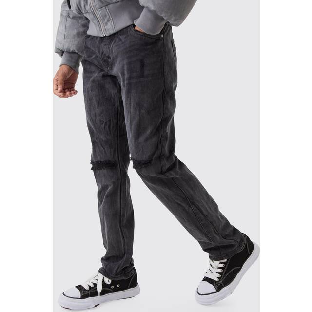 Mens Washed Black Slim Flared Ripped Jeans