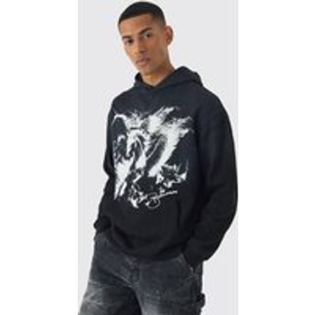 Oversized Flame Horse Printed Spray Wash Hoodie - Black - XS