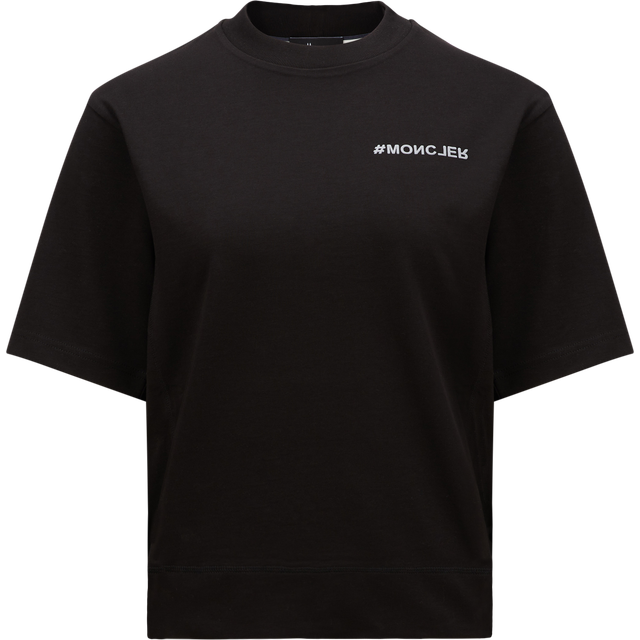 Moncler, Topp, Dam, S, Bomull, Svart T-shirt med Rund Hals i Bomullsjersey - black (S)