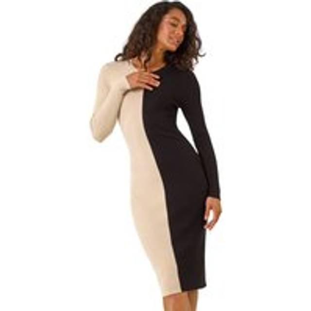 Colour Block Knit Stretch Midi Dress - Beige - 10