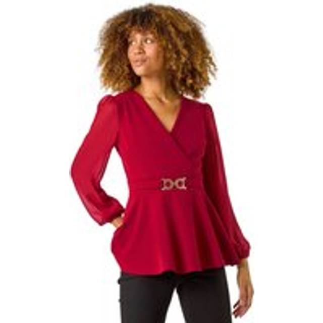 Roman Red Belted Peplum V-Neck Stretch Top - Size 16