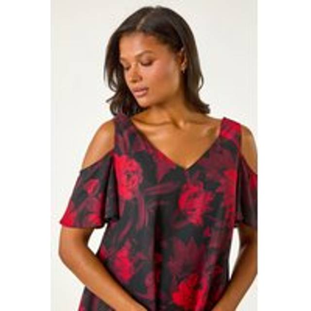 Floral Print Cold Shoulder Asymmetric Top - Red - 16