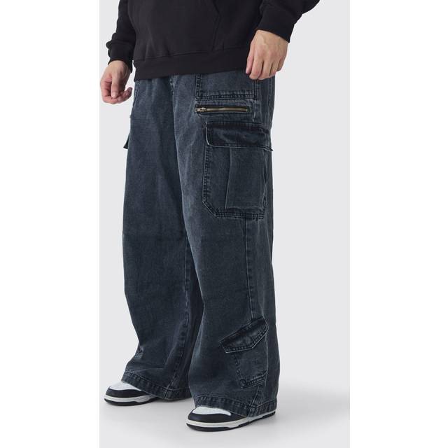 Mens Black Tall Elasticated Waist Acid Wash Parachute Cargo Jeans