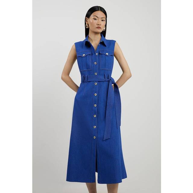 Petite Tailored Denim Pocket Belted Full Skirt Midi Shirt Dress - Mid Blue