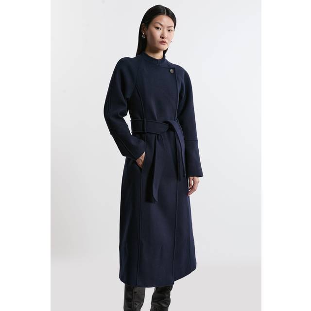 Premium Italian Manteco Wool Collarless Belted Tailored Midaxi Coat - Navy