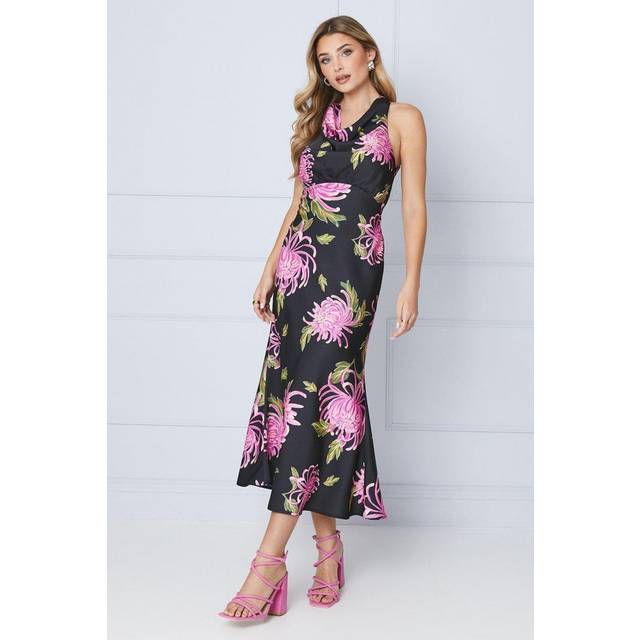 Oasis Womens Occasion Petite Floral Satin Cross Back Midi Dress - Black - Size 8 UK