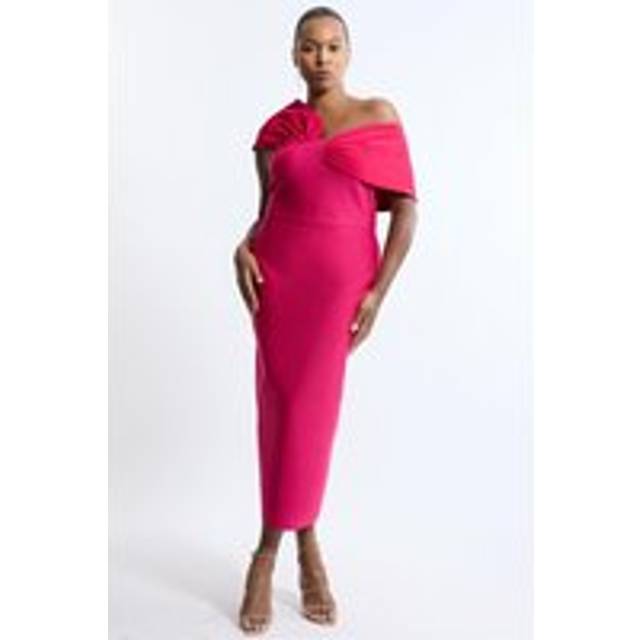 Plus Size Figure Form Bandage Knit Asymmetric Strap Midi Dress - Pink