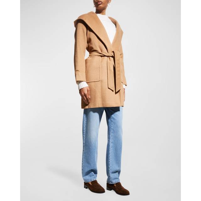 Rialto Camel Hair Belted Short Hooded Coat - CAMEL - 12