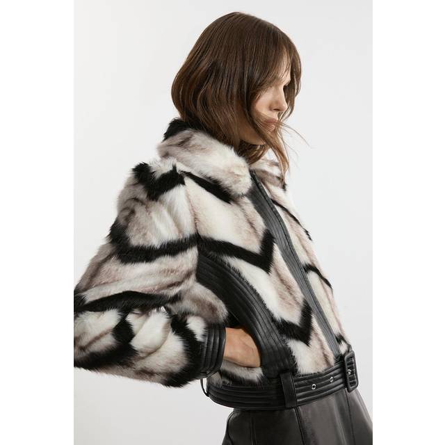 Faux Fur Pu Panelled Stripe Belted Cropped Jacket - Mono
