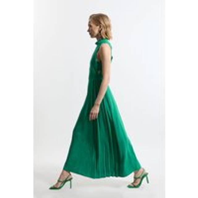 Soft Tailored Pleated Panel Midaxi Dress - Green