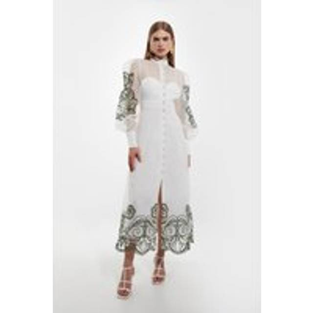 Petite Embroidered Floral Woven Button Up Maxi Dress - Ivory