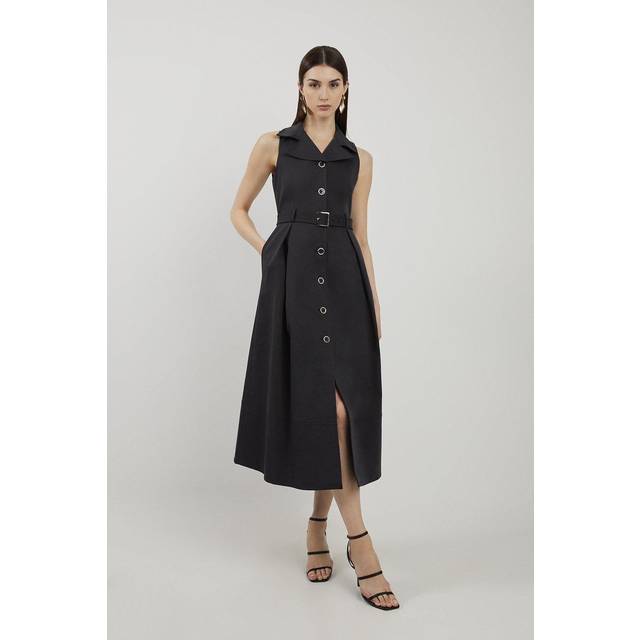 Tailored Cotton Halter Neck Belted Full Skirted Shirt Dress - Black