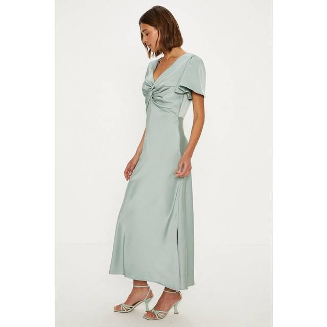 Oasis womens bridesmaid dress sage satin twist front angel sleeve midi