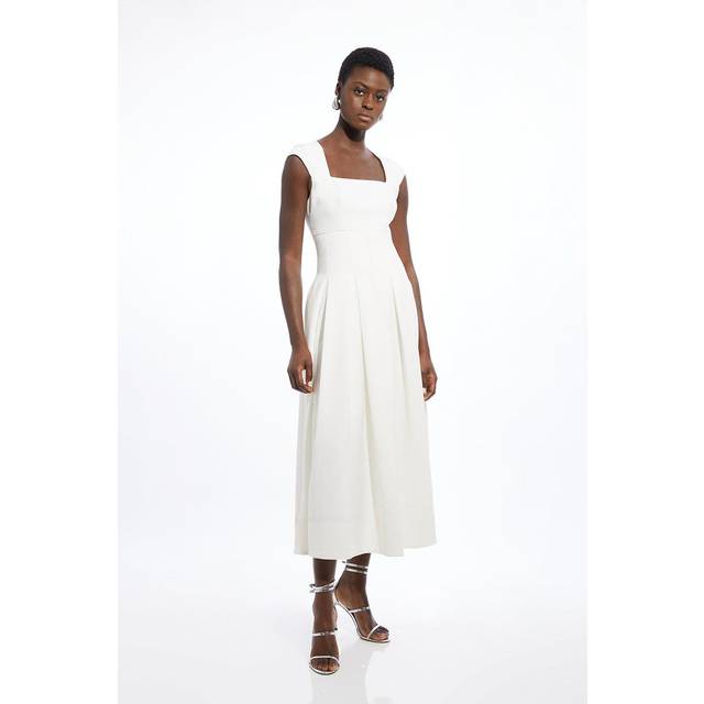 Clean Tailored Square Neck Full Skirted Midi Dress - Ivory