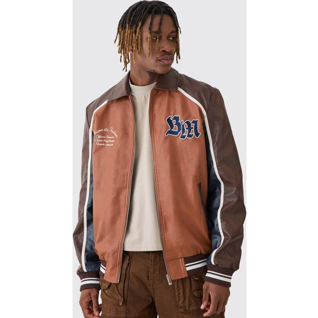 Mens Tall BM Badge Collared PU Varsity Jacket In Brown