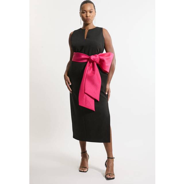 Plus Size Clean Tailored Taffeta Contrast Bow Tie Waist Midi Dress - Black